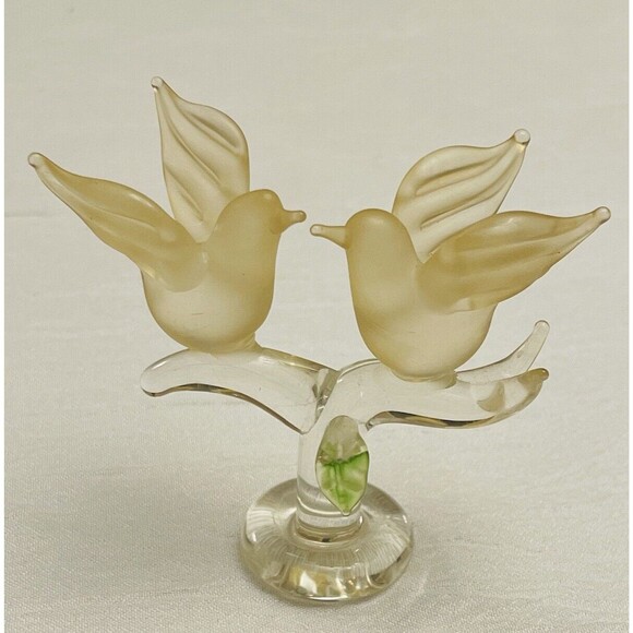 VTG Satin Frosted Glass Bird Pair on Clear Glass Branch Figurine Art Glass 2.5" - Picture 2 of 9